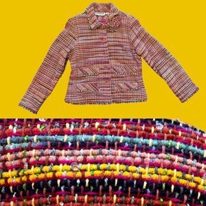 Vintage Anage Pink Colorful Tweed Blazer Jacket Size Large Rainbow Flower Fringe